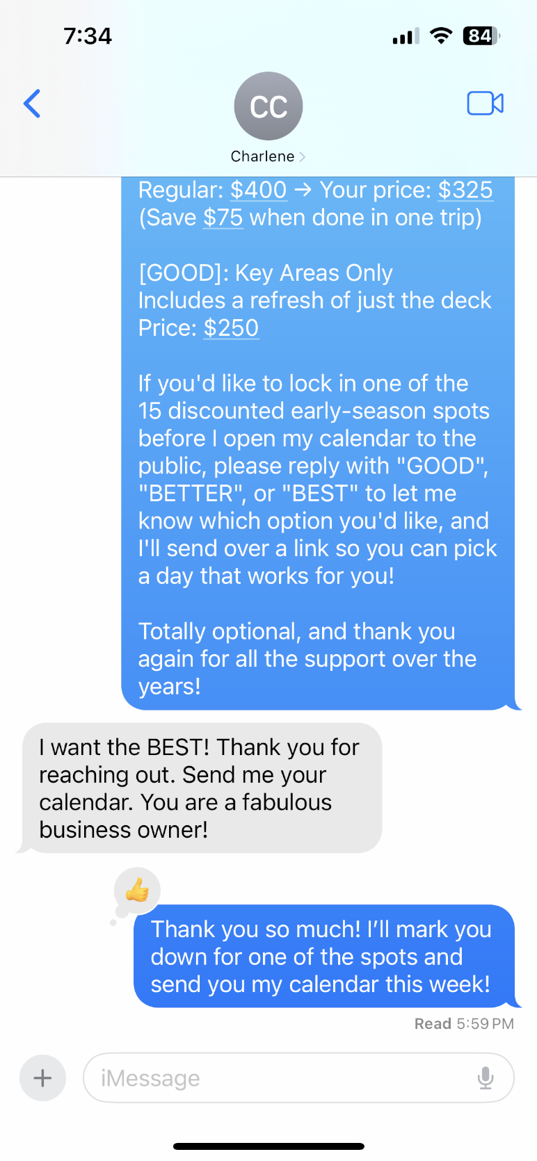 Screenshot of client reply choosing the BEST package